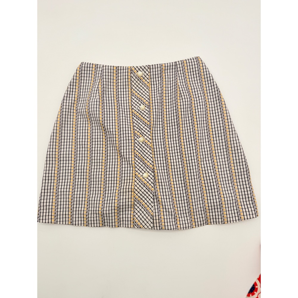 Vintage Plaid Floral Stripe Button Front Mini Skirt Navy Yellow White A-Line